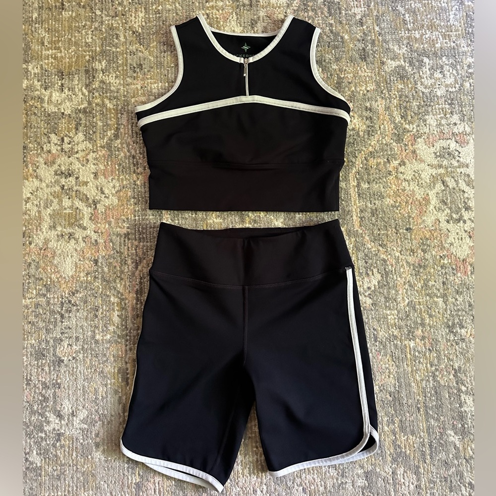 Tuckernuck Meredith Blake Black Piped Flex Cropped Bra Top & Shorts Matching Set